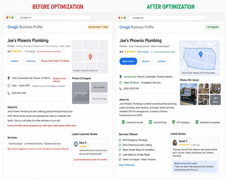 Before and after Google Business Profile optimization